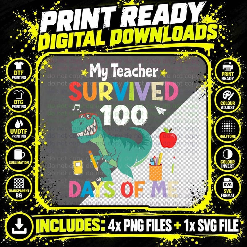 100th Day of School My Teacher Survived 100 Days Boys Png SVG Digital Bundle