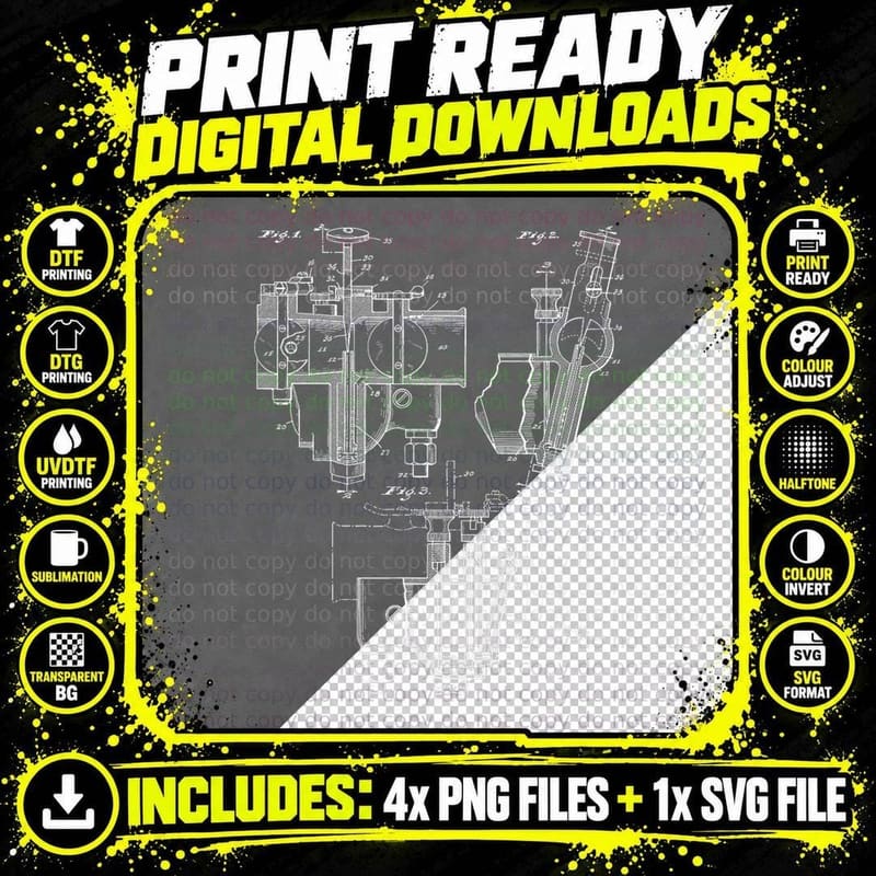 1926 Carburetor Patent Drawing Auto Mechanic T-Shirt Png SVG Digital Bundle