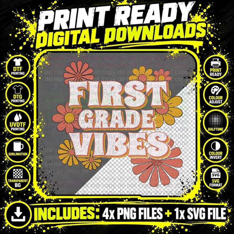 1st First Grade Vibes Back to School for Teacher Student Png SVG Digital Bundle