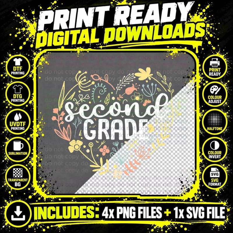 2nd Second Grade Floral Heart Back to School Teacher Png SVG Digital Bundle