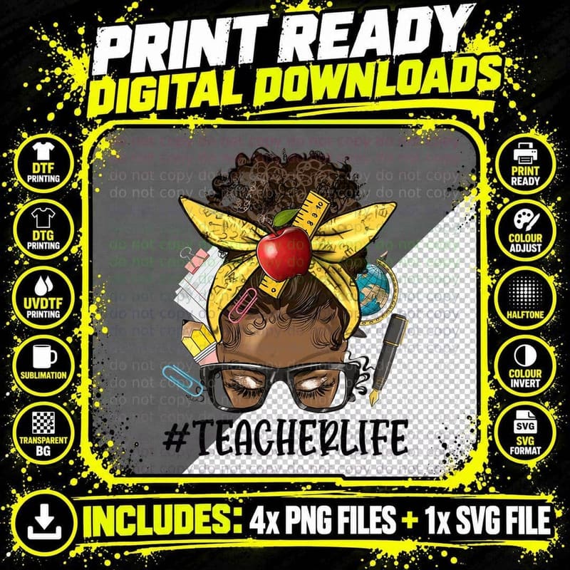 Afro Teacher Life Messy Bun Black African American Png SVG Digital Bundle