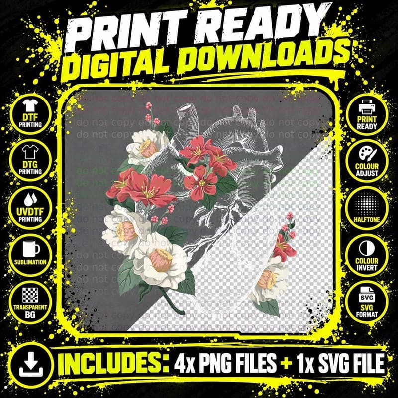 Anatomical Heart Shirt Floral Organ Cardiology Cardiac Png SVG Digital Bundle