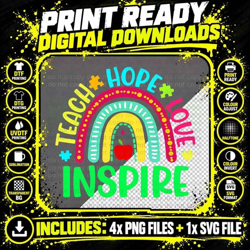 Autism Awareness Teach Hope Love Inspire Special Ed Png SVG Digital Bundle