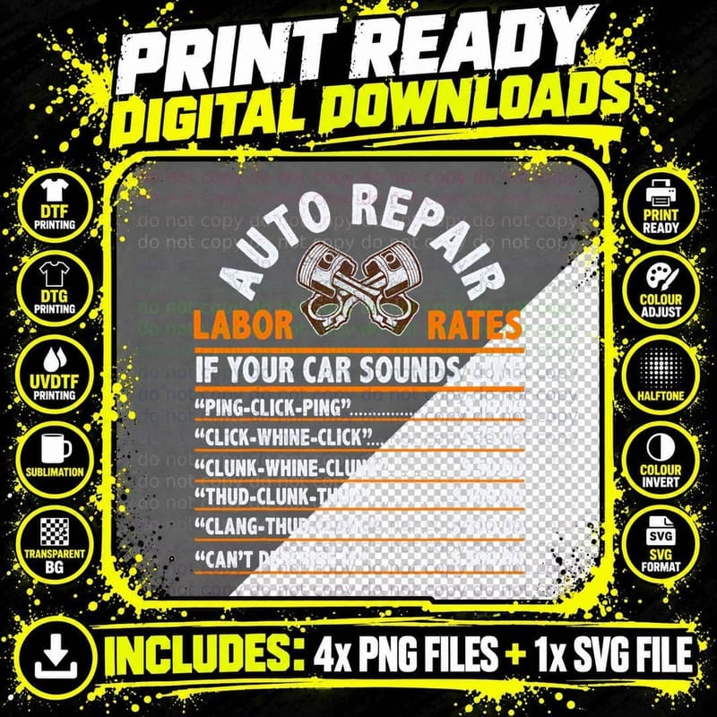 Auto Repair Labor Rates Funny Gift for Garage Car Png SVG Digital Bundle