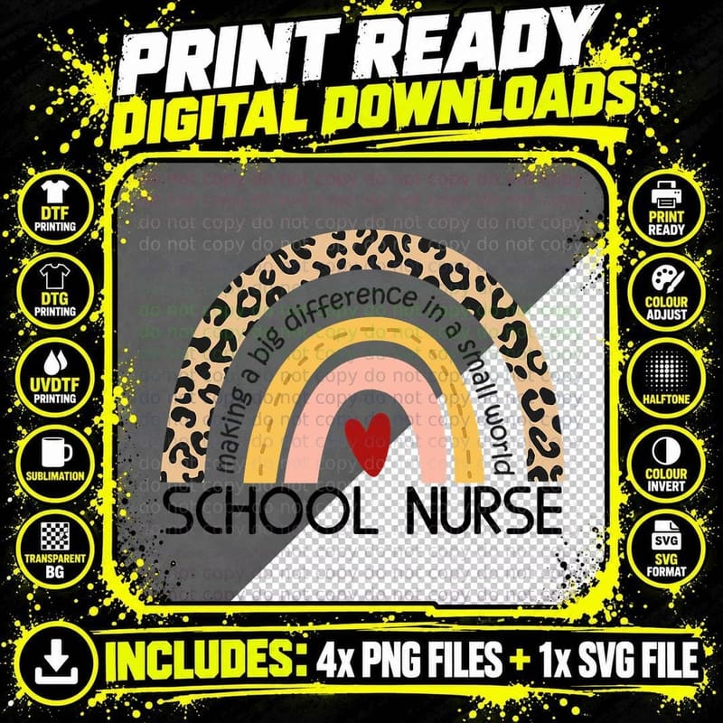 Cute Rainbow Leopard Print School Nurse Appreciation Png SVG Digital Bundle