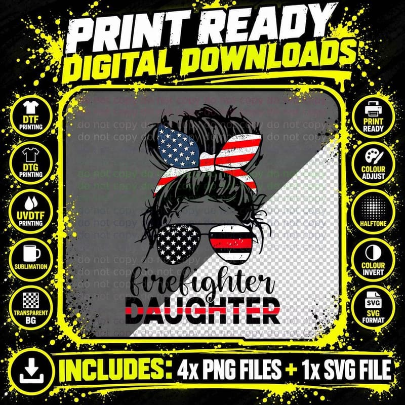 Firefighter Daughter Thin Red Line Messy Bun Classic Png SVG Digital Bundle