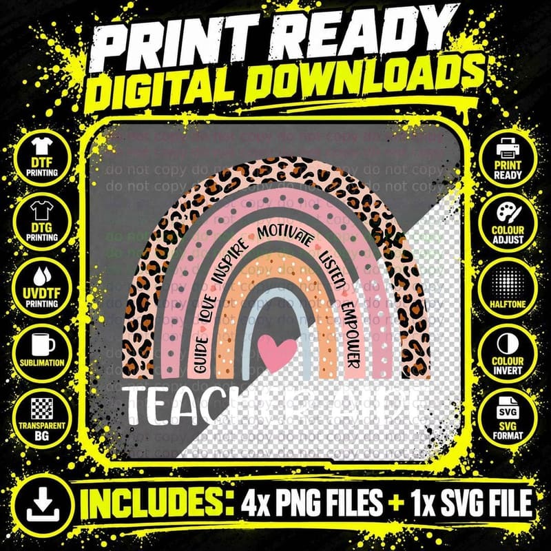 Funny Teacher Aide Rainbow Leopard Print Teacher T-Shirt Png SVG Digital Bundle
