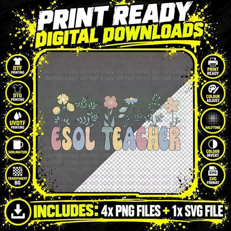 Groovy ESOL Teacher Flowers ESOL Teaching T-Shirt Png SVG Digital Bundle