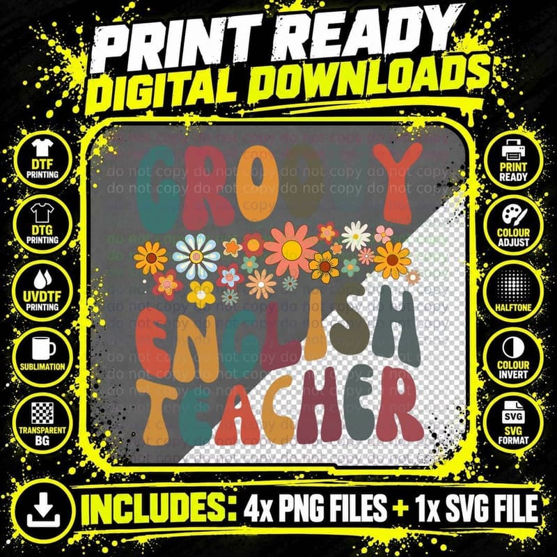 Groovy English Teacher Retro Colorful Design Teaching Png SVG Digital Bundle
