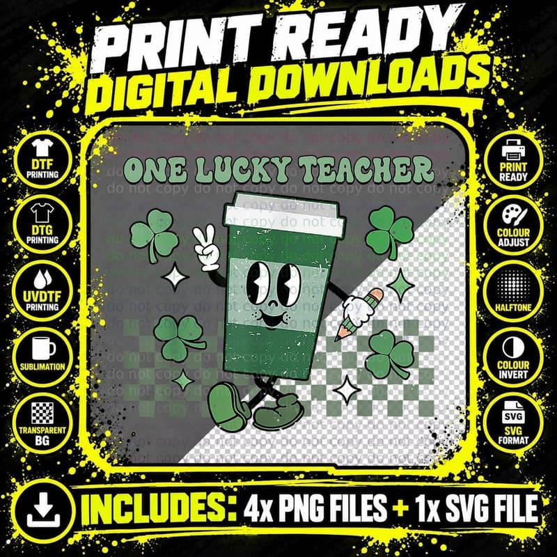 Groovy St Patricks Day One Lucky Teacher Retro Coffee Png SVG Digital Bundle