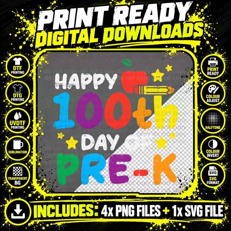 Happy 100th Day of Pre K Apple 100 Days School Teacher Png SVG Digital Bundle