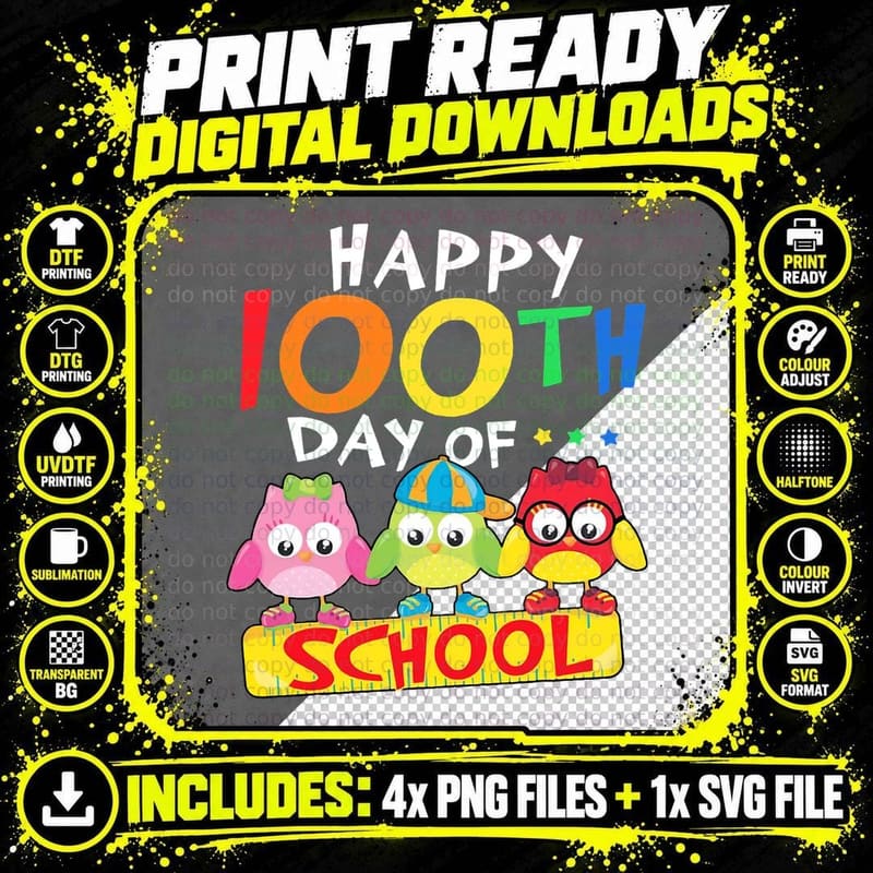 Happy 100th Day of School Owl Kids 100 Days Teacher Png SVG Digital Bundle