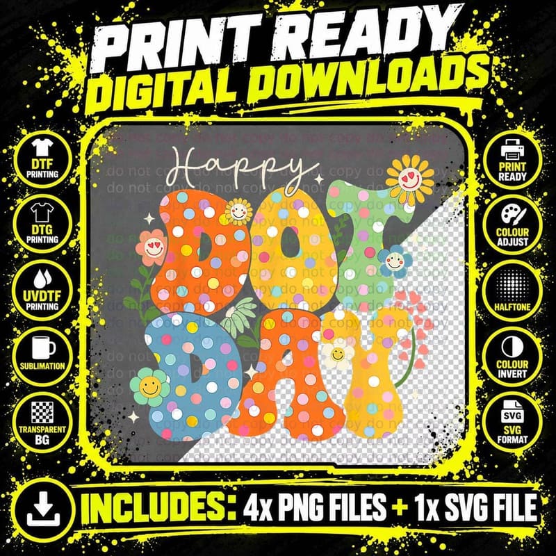 Happy Dot Day Hippie Flowers Smile Face Groovy Teacher Png SVG Digital Bundle