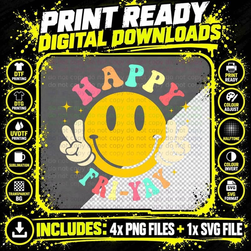 Happy Fri-Yay Retro Smile Face Friday Lovers Teacher Png SVG Digital Bundle