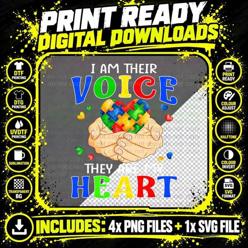 I Am Their Voice They Are My Heart Autism Awareness Png SVG Digital Bundle