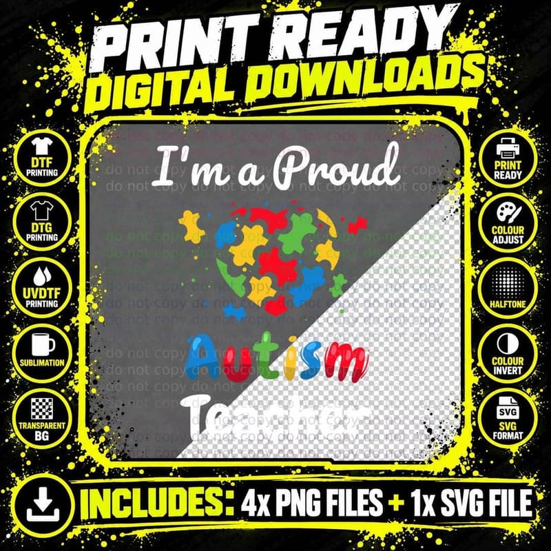 I'm a Proud Autism Teacher Women Men Heart Gifts T-Shirt Png SVG Digital Bundle