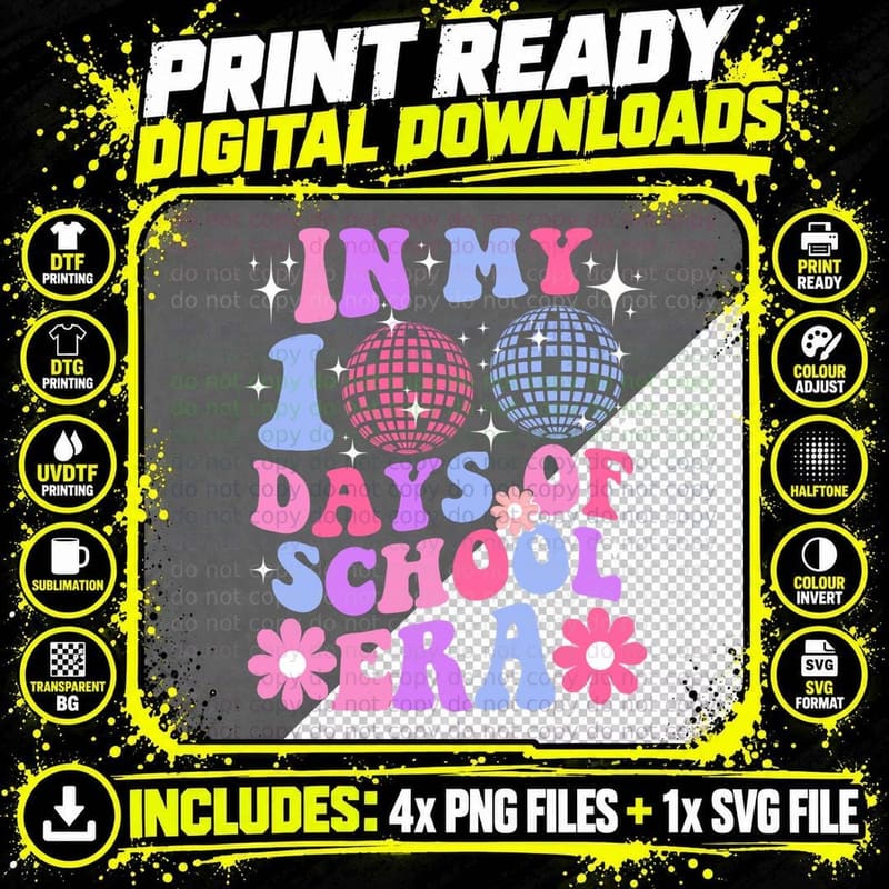 In My 100 Days School Era Disco Ball Groovy Teacher Png SVG Digital Bundle