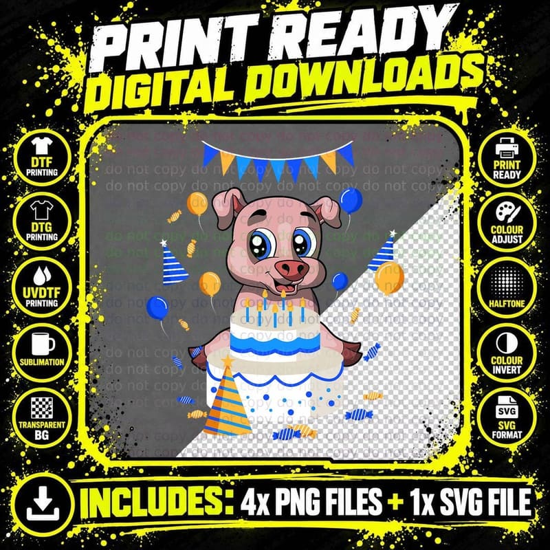 Kids Birthday Party Cake Cute Piglet Farm Animal Farmer Png SVG Digital Bundle