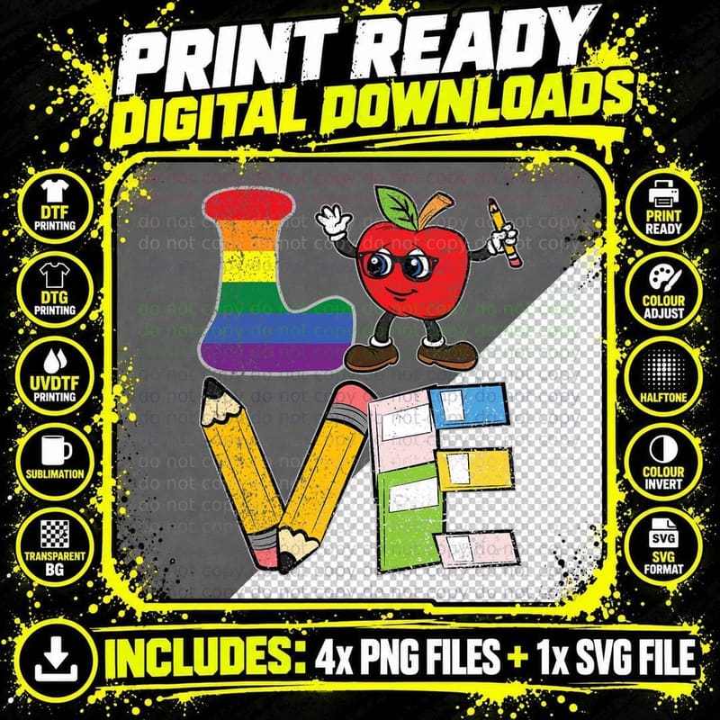 LGBT-Q Teacher Love Gay Pride Flag Proud Ally Teaching Png SVG Digital Bundle