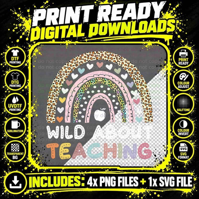 Leopard Rainbow Wild About Teaching Back to School Png SVG Digital Bundle