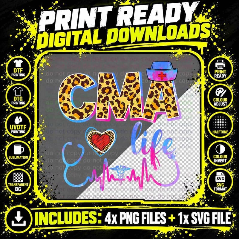 Leopard Tie Dye CMA Life Stethoscope Leopard Nurse Week Png SVG Digital Bundle