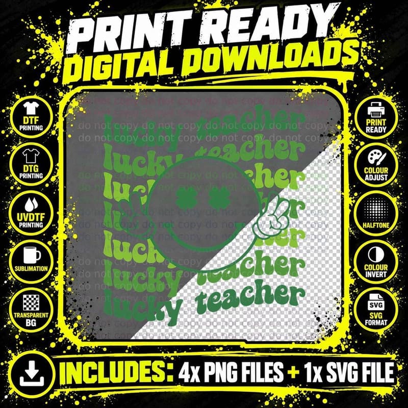 Lucky Teacher Retro Groovy Saint Patrick's Day Funny Png SVG Digital Bundle