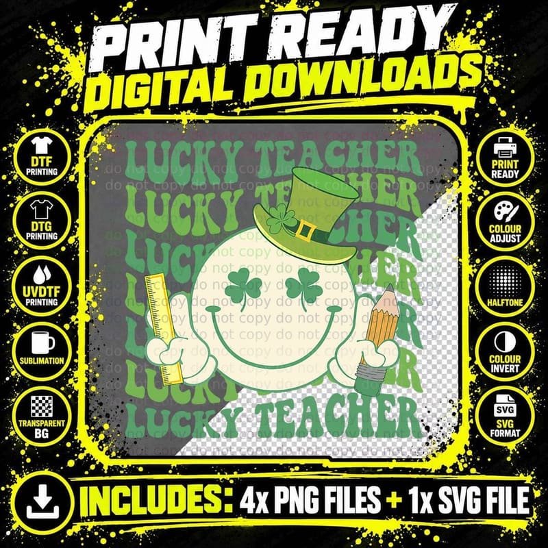 Lucky Teacher St Patricks Day Clover Happy Face Shamrock Png SVG Digital Bundle