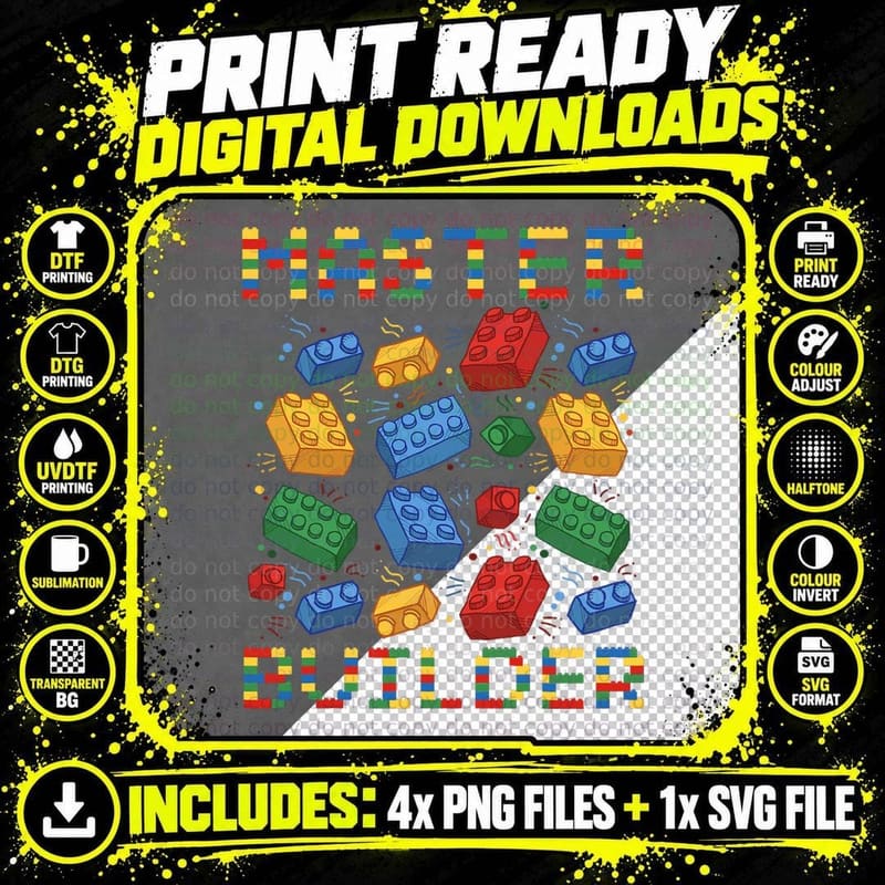 Master Builder Funny Building Blocks Gifts for Boys Kids Png SVG Digital Bundle