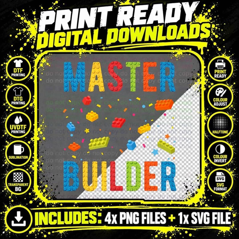 Master Builder Kids Building Blocks Brick Builder T-Shirt Png SVG Digital Bundle
