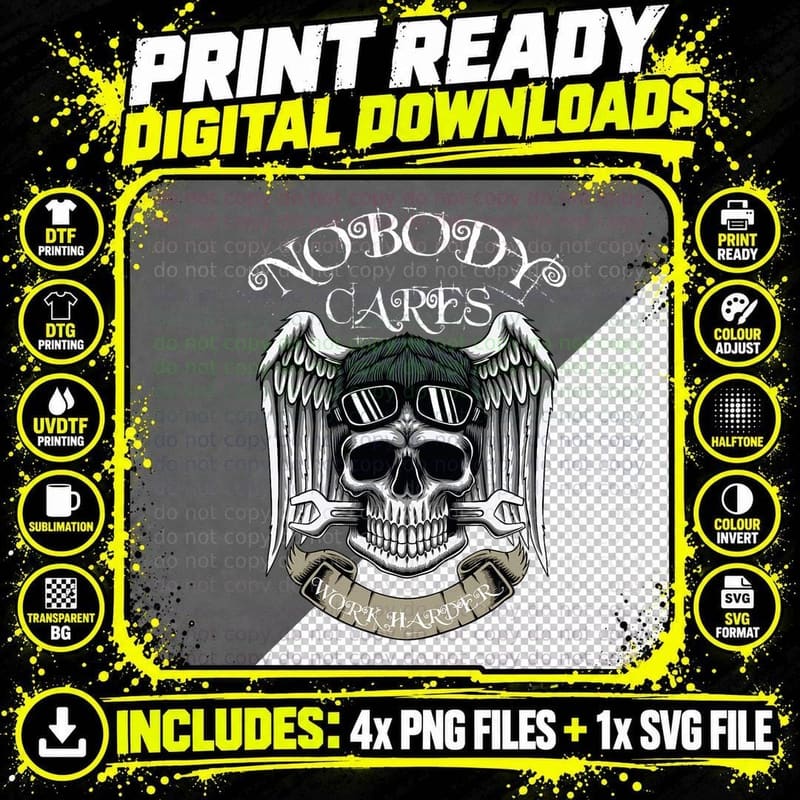 Mechanic Skull Goth Motivational Nobody Cares Work Png SVG Digital Bundle