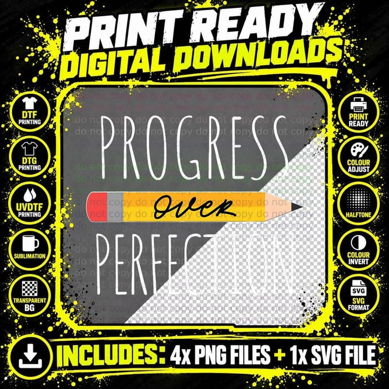 Motivational Progress Over Perfection Back to School Png SVG Digital Bundle