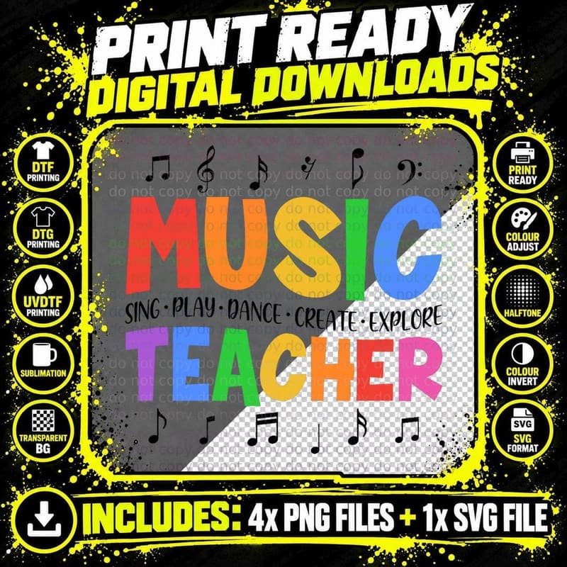 Music Teacher Sing Play Dance Create Explore Teaching Png SVG Digital Bundle