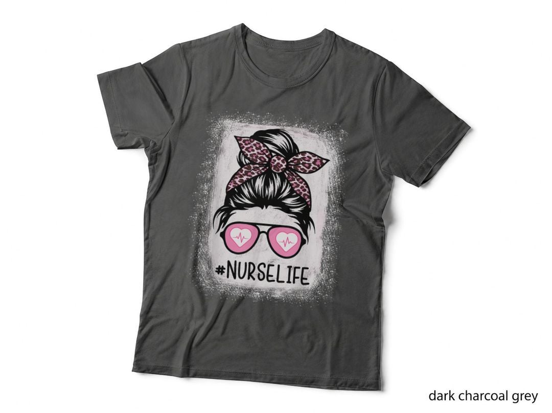 Nurse Life Bleached Shirts Pink Leopard Messy Bun Nurse Life T-Shirt