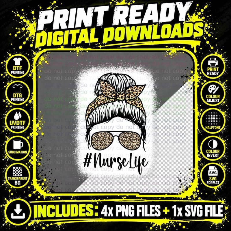 Nurse Life Messy Bun Women Nurse Leopard Glasses Bandana Png SVG Digital Bundle