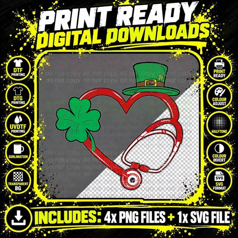 Nurse Stethoscope Heart Shamrock St Patricks Day Nursing Png SVG Digital Bundle