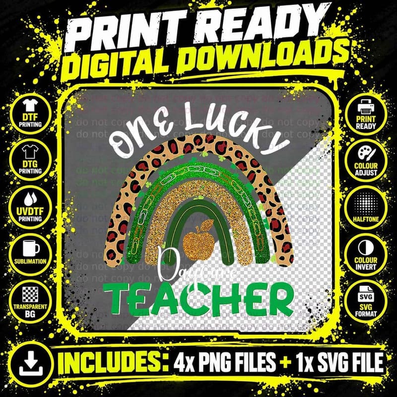 One Lucky Daycare Teacher Leopard Rainbow St Patricks Png SVG Digital Bundle