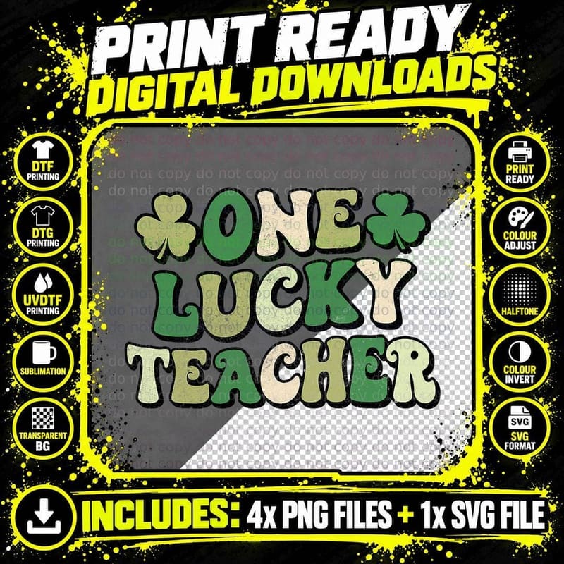 One Lucky Teacher Groovy Retro Teacher St Patrick's Day Png SVG Digital Bundle