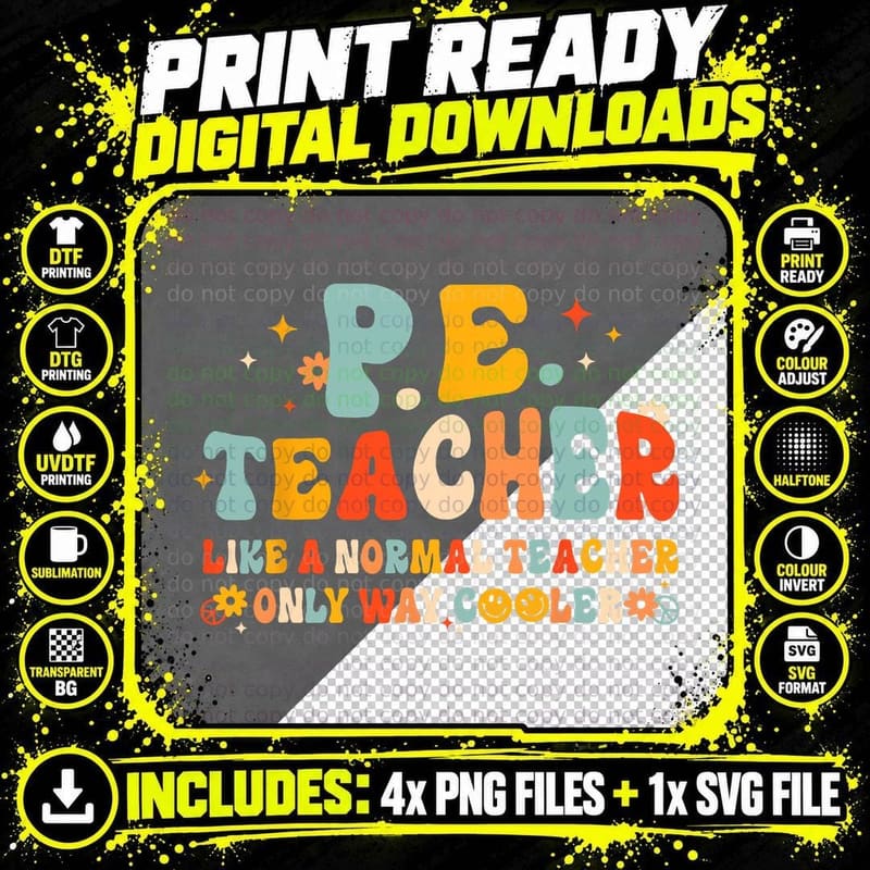 PE Physical Education Teacher Back to School Groovy Png SVG Digital Bundle