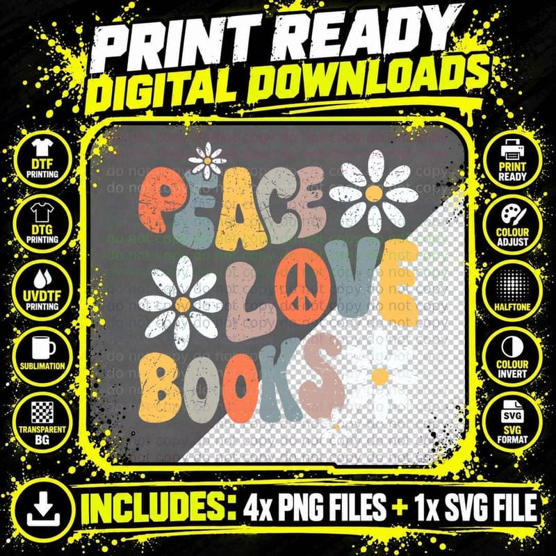 Peace Love Books Groovy Bookworm Book Nerd Reading Png SVG Digital Bundle