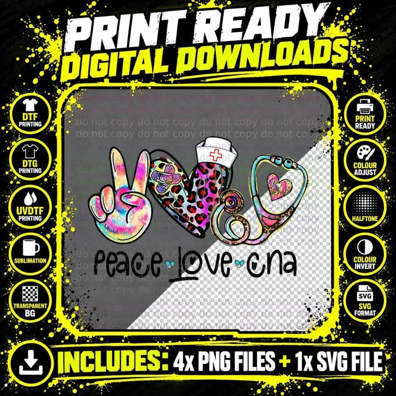 Peace Love CNA Leopard Heart Stethoscope Nursing Nurse Png SVG Digital Bundle