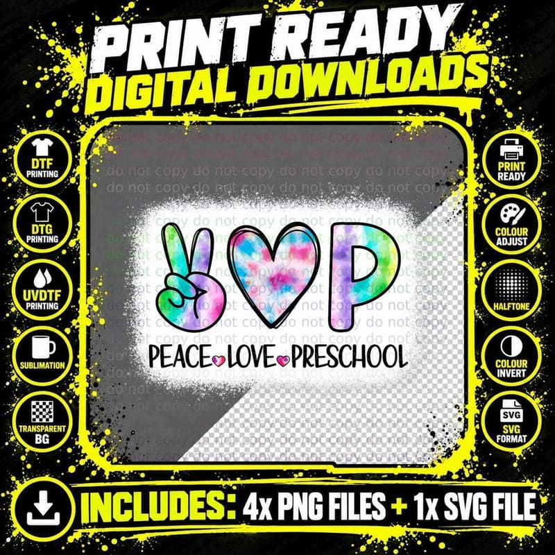 Peace Love Preschool Squad Back to School Teacher Girl Png SVG Digital Bundle