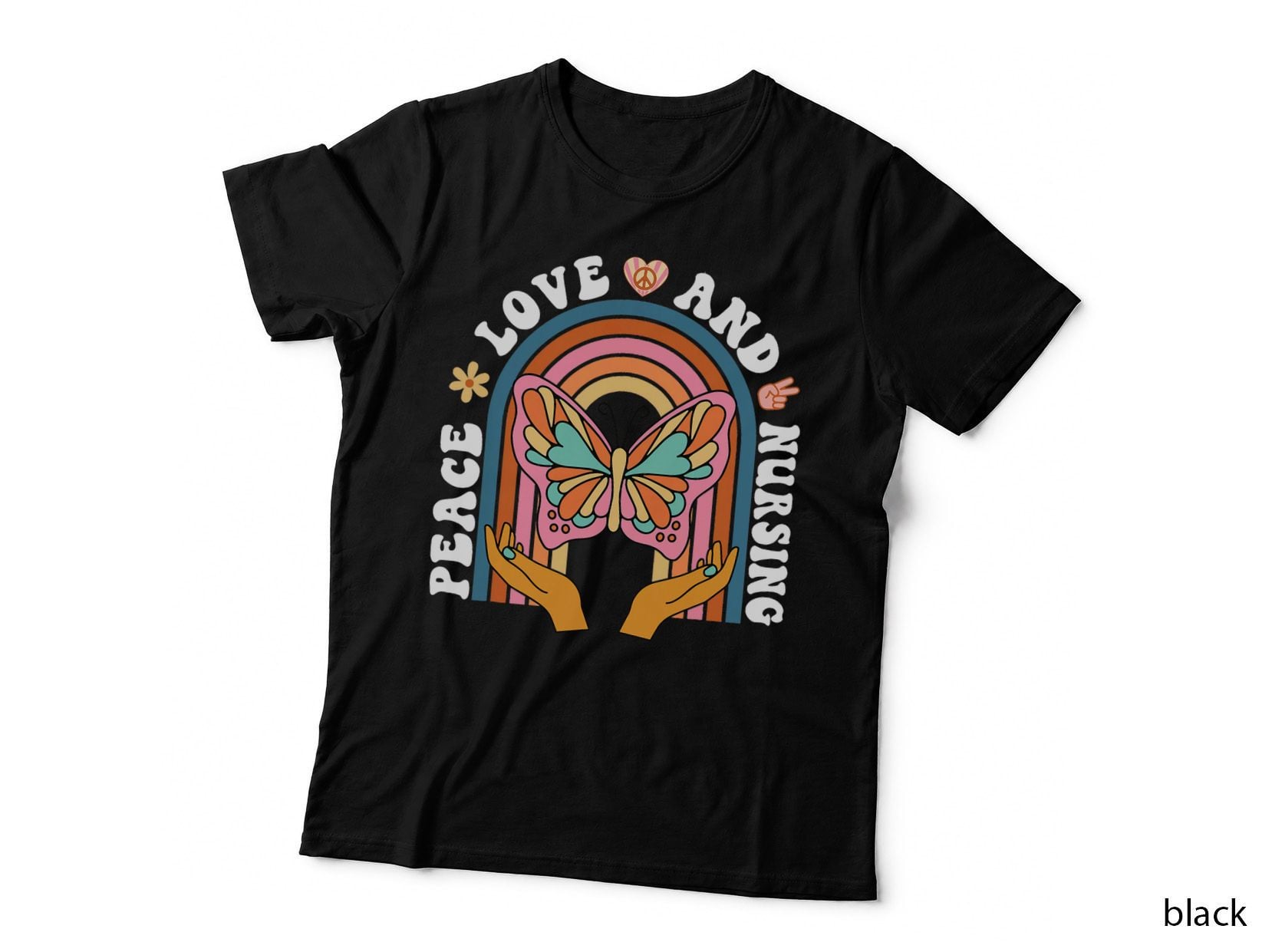 Peace Love and Nursing Groovy Butterfly CNA RN Nurse Medical T-Shirt