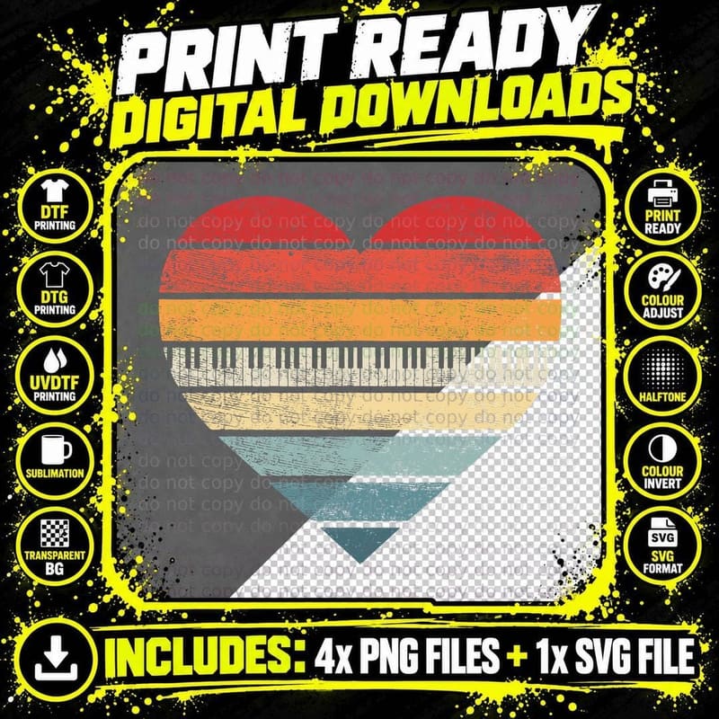 Pianist Gifts Retro Sunset Piano Keyboard Player Teacher Png SVG Digital Bundle