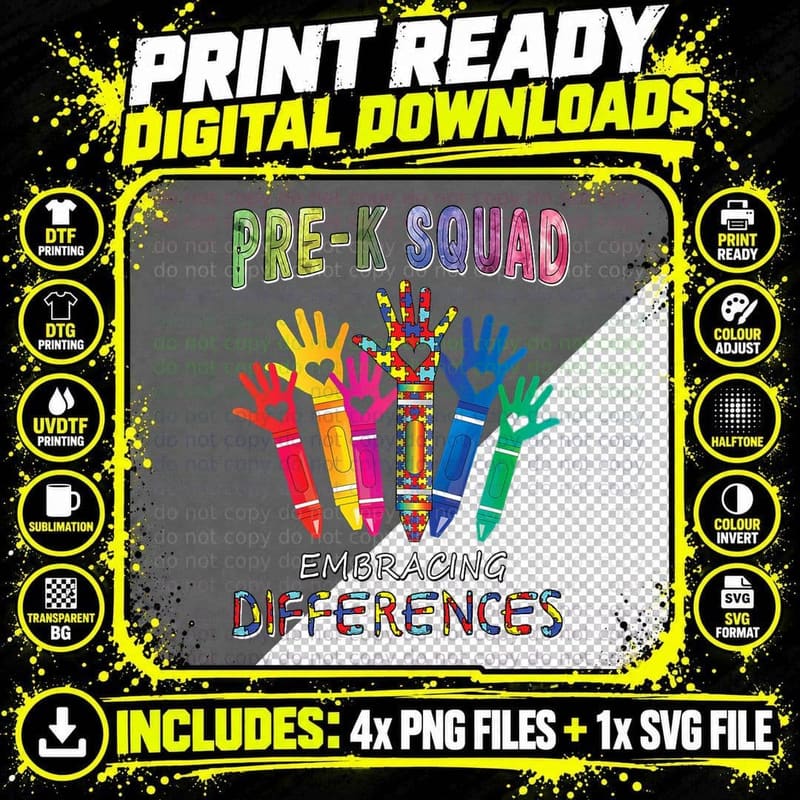 Pre K Squad Embracing Differences Autism SPED Teacher Png SVG Digital Bundle