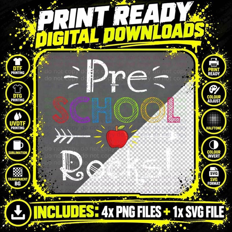 Preschool Rocks Teacher Student Funny Back to School Png SVG Digital Bundle