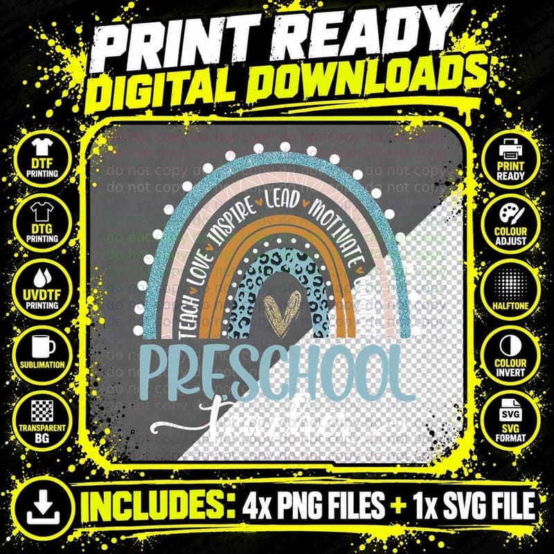 Preschool Teacher Leopard Rainbow First Day of School Png SVG Digital Bundle