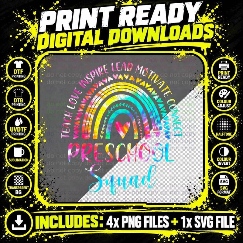 Preschool Teacher Squad Tie Dye Rainbow Back to School Png SVG Digital Bundle