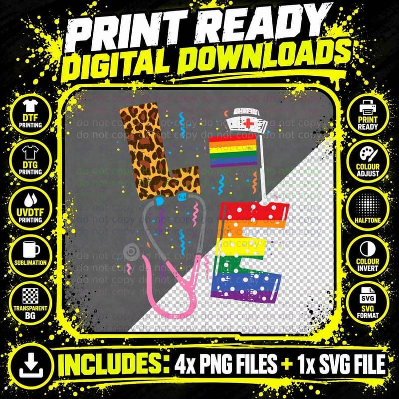 Rainbow Flag Love Nurse RN Scrub Top LGBT Pride Month Png SVG Digital Bundle