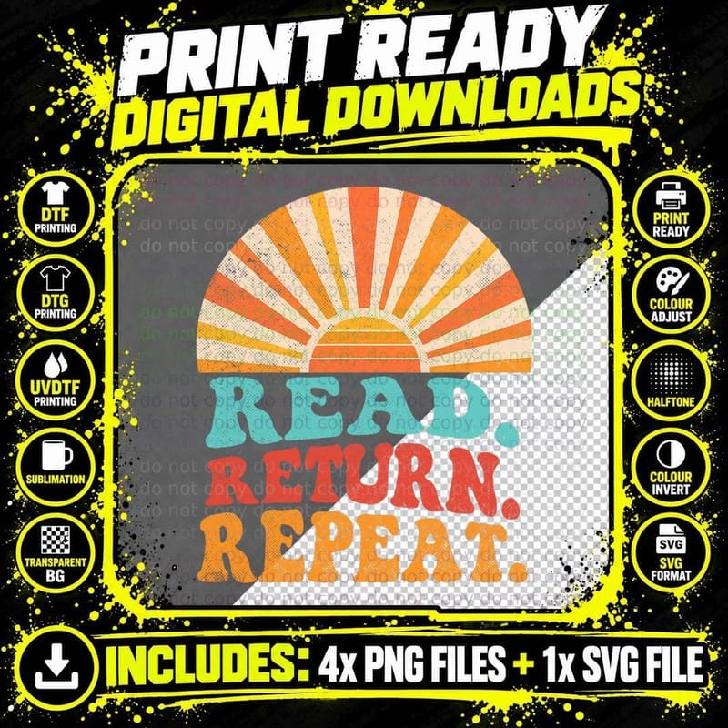 Read Return Repeat Groovy Reading Lover Teacher Png SVG Digital Bundle
