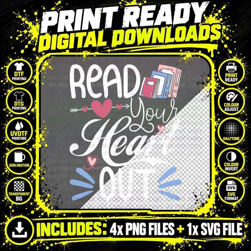 Read Your Heart Out - Book Lover Reading Teacher Png SVG Digital Bundle
